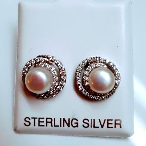 925 Sterling Silver Real Pearl / Diamond Earrings